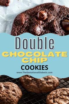 double chocolate chip cookies on a cooling rack with text overlay that reads double chocolate chip cookies