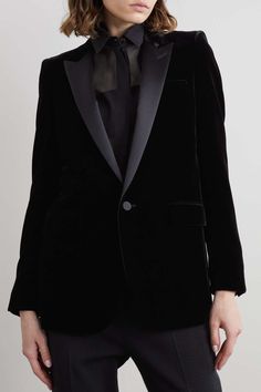 SAINT LAURENT Satin-trimmed velvet blazer | NET-A-PORTER Black Velvet Blazer Outfit, Salem Vacation, Velvet Blazer Outfit, Lady Lawyer, Edgy Minimalist, Velvet Blazer Women, Black Top Outfit, Blazer Outfits For Women, Black Velvet Blazer