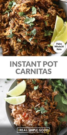 instant pot carnitas recipe with limes and cilantro on the side