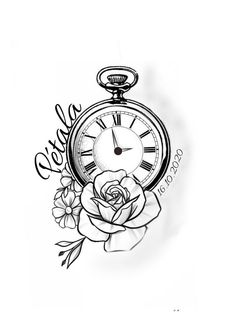 a black and white drawing of a pocket watch with flowers on the side that says goodbye