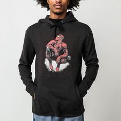 Printed art on front Drawstring hood Long sleeves Front pouch pocket 100% cotton Officially licensed Marvel merchandise Casual Hoodie With Character Print, Casual Cotton Hoodie With Character Print, Cotton Hooded Sweatshirt With Character Print, Pop Culture Hooded Cotton Sweatshirt, Pop Culture Cotton Hooded Sweatshirt, Casual Tops With Drawstring Hood For Fans, Pop Culture Cotton Hoodie With Drawstring Hood, Black Cotton Hoodie For Fan Merchandise, Cotton Hoodie With Character Print For Fall