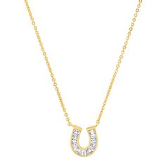 Simple, sparkling and stunning, this horseshoe necklace adorned with baguette CZ stones is great worn alone or layered with your favorite gold chains! Gold plated brass, CZ 16 inch chain, adjustable to 18 inches Style: TN-3664 (G) Unique Gold Necklace, Horseshoe Necklace Gold, Nail Bangle, Simple Chain Necklace, Baguette Necklace, Horseshoe Pendant, Horseshoe Necklace, Nail Ring, Lucky Horseshoe