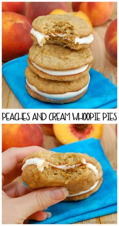 two pictures of cookies with cream cheese and peaches in the background