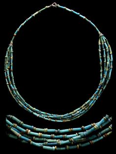 by Ancient Resource (Gabriel Vandervort) | Necklace; Ancient Egypt, Late Period, 664-535 BC. blue-green faience tube beads interspersed with fine yellow, green, red, blue and black disk beads. Restrung on modern jewelry wire and silver beads and clasp | 375$ Simple Beaded Necklaces, Late Period, Ancient Egyptian Jewelry, Rectangle Necklace, Ancient Jewellery, Long Pearl Necklaces, Historical Jewellery, Necklace Extender, Egyptian Jewelry