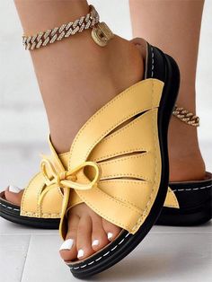 Women's Bowknot Slide Shoes, Peep Toe Arch Support Slip On Shoes, Comfort Outdoor Slide Sandals Yellow Cool,Sporty,Vacation,Fashionable    Plain Wedges Slide Sandals   Women Shoes, size features are:Bust: ,Length: ,Sleeve Length: Wedge Slippers, Arch Support Sandals, Supportive Sandals, Slide Shoes, Beaded Sandals, Bow Sandals, Wedge Heel Sandals, Summer Chic, Comfortable Heels