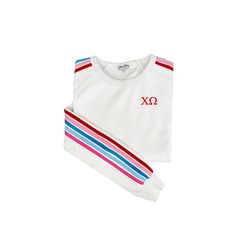 Chi Omega Striped Crewneck Sweatshirt  This pullover sweatshirt comes in a variety of colors with embroidered Chi Omega Greek letters.  Unisex sizes S - XL.  All of our embroidered gifts are ready to leave our shop in California within 3-5 business days.   All of our items are made to order.  Since each item is specially made with your desired colors, we are unable to accept returns or exchanges.  Please contact us if you have any questions or concerns about sizing... we are happy to help! Officially Licensed Product NO RETURNS or EXCHANGES: All of our items are embroidered once you place the order so we are unable to accept returns or exchanges.  Please message us with any questions about the product.  We are happy to help.  Our hours or operation are Monday to Friday 8am - 4pm PST.  Info White Embroidered Graphics Sweatshirt For Loungewear, White Sweatshirt With Embroidered Graphics For Loungewear, White Embroidered Sweatshirt For Loungewear, White Sweatshirt With Letter Embroidery For Loungewear, White Letter Embroidery Sweatshirt For Loungewear, White Embroidered Logo Sweatshirt For Loungewear, Spring Sweatshirt With Long Sleeves For School Spirit, Spring Sorority Long Sleeve Sweatshirt, Spring School Spirit Long Sleeve Sweatshirt