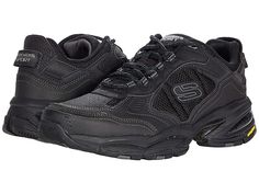 SKECHERS Vigor 3.0 - Men's Shoes : Black/Black : The SKECHERS Vigor 3.0 sneaker will keep you ready for action with an athletic-style design and optimal comfort features. Nubuck leather upper with synthetic overlays and mesh panels for added cooling. Lace-up design provides a secure fit. Round toe with reinforcement at the bumper. Padded collar and tongue. Signature logo details at the tongue, side, and heel panel. Breathable fabric lining. Memory Foam cushioned insole provides all-day comfort. Athletic Fit Slip-resistant Running Shoes For Streetwear, Black Impact Resistant Lace-up Sneakers, Slip-resistant Tpr Running Shoes For Streetwear, Slip-resistant Running Shoes For Streetwear, Slip-resistant Mesh Walking Shoes For Sports, Sporty Low-top Trail Running Shoes With Impact Resistance, Impact Resistant Synthetic Sneakers For Outdoor Activities, Sporty Synthetic Walking Shoes With Ventilation, Slip-resistant Synthetic Walking Shoes For Streetwear