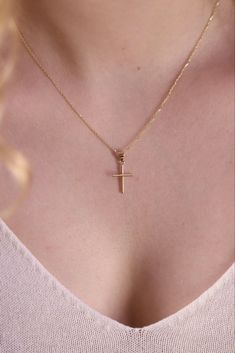 14k Gold Cross Necklace / Handmade Cross Necklace / Religious | Etsy Delicate Cross Jewelry Gift, 14k Gold Crucifix Jewelry As Gift, Minimalist Hallmarked Rose Gold Necklaces, Rose Gold Crucifix Necklaces For Anniversary, Rose Gold Cross Pendant Necklace For Gift, Rose Gold Crucifix Necklaces For Anniversaries, Rose Gold Cross Necklace For Gift, 14k Rose Gold Necklaces For Jewelry Making, Delicate Rose Gold Cross Jewelry