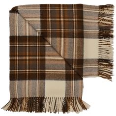 a brown and white plaid scarf with fringes