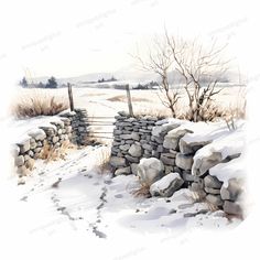 a painting of a stone wall in the snow