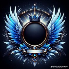 an artistic design with blue wings and a crown