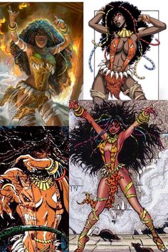 four different colored pictures of women in costumes and hair, one with an elaborate headdress