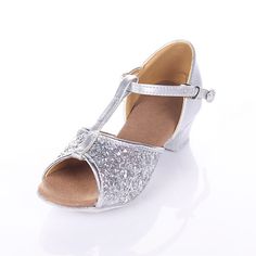 Category:Ballroom Shoes,Latin Shoes,Salsa Shoes; Upper Materials:Sparkling Glitter; Embellishment:Glitter; Available Width:Average; Season:Winter,Fall,Summer,Spring; Lining Material:Suede; Heel Type:Low Heel; Actual Heel Height:1.38; Gender:Women's; Range:EU36; Style:Sandal; Heel Height(inch):1 - 2; Outsole Materials:Suede; Age Group:Kid's; Closure Type:T-Strap,Buckle; Customized Shoes:Non Customizable; Listing Date:11/18/2013; 2021 Trends:Sparkling Shoes; Foot Length:; SizeChart1_ID:2:476; Size Summer Dance Shoes With Round Toe, Adjustable Closed Toe Party Sandals, Summer Party Dance Shoes With Heel Strap, Summer Dance Sandals With Ankle Strap, Adjustable Glitter Sandals For Party, High Heel Sandals For Summer Dance, Low Heel Summer Dance Heels, Party Sandals With Glitter And Adjustable Fit, Ankle Strap Sandals For Summer Dance