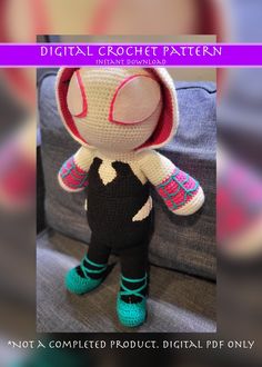 a crocheted doll is sitting on a couch with the caption digital crochet pattern