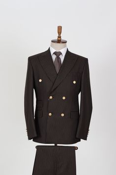 "*Brown,White Striped Men's Double Breasted Suit *Fabric: 100%Wool Thick, Warm, Comfortable, Breathable, Softer, Wool Feeling *Center Six Button Blazer and Zipper Fly Pants *Slim Fit, 9 Cm Peak Lapel, 5 Cm Flap Pocket And Ticket Pocket  *Double Vent On The Behind Of The Jacket *This Suit Has A 6\" Drop Which Is The Difference Between The Size Of The Jacket & Pants. For Example, A 40r Jacket Includes A 34W Pant *Dry Clean Only *Available Eu Sizes: 48-50-52-54-56-58 *Available Us Sizes: 38-40-42-4 Brown Double Breasted Business Suit, Brown Double Breasted Suit With Lapel Collar For Office, Tailored Double-breasted Brown Suit, Brown Double-breasted Suit With Double Button Closure, Brown Tailored Double-breasted Suit, Brown Double Breasted Business Suit With Welt Pockets, Tailored Brown Double Breasted Suit For Business Casual, Brown Double Breasted Suit With Welt Pockets For Business, Classic Brown Double Breasted Suit For Office