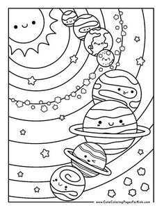 the solar system coloring page with planets and stars on it, including sun, saturn, pluto