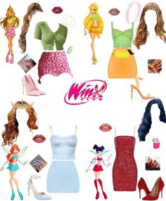 several barbie dolls are shown with different outfits and shoes on the white background, including high heels