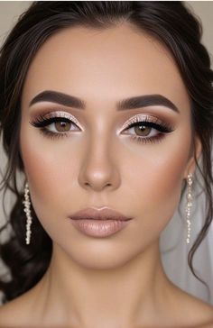 Wedding Bridal Makeup Hooded Eyes, Makeup To Go With Rose Gold Dress, Makeup With Blush Pink Dress, Bridal Makeup Romantic Glam, Wedding Makeup For Burgundy Dress, Bold Eye Wedding Makeup, Sparkle Bride Makeup, Wedding Cat Eye Makeup, Glam Makeup For Pink Dress