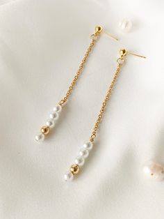 Julia Pearls Drop Earrings - Salty Threads Minimalist Gold Earrings With Pearl Chain, Dainty Gold Pearl Linear Earrings, Gold Linear Earrings With Pearl Chain For Party, Minimalist Gold Pearl Chain Earrings, Gold Minimalist Pearl Chain Earrings, Formal Minimalist Linear Earrings With Pearl Chain, Minimalist Gold Pearl Earrings With Pearl Chain, Gold Linear Pearl Chain Earrings As Gift, Minimalist Gold Plated Pearl Earrings With Pearl Chain