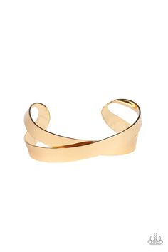 A flat gold ribbon delicately crisscrosses across the wrist, coalescing into an edgy cuff. Sold as one individual bracelet. #P9IN-GDXX-091XX Gold Bracelet Cuff, Gold Ribbon, Gold Cuffs, Paparazzi Accessories, Gold Ribbons, Inspired Jewelry, Paparazzi Jewelry, Bracelet Collection, Working Hard