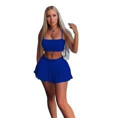 Fashion Solid Color Spaghetti Strap Crop Top+pleated Ruched Mini Skirt Activewear Two Piece Set Ruched Mini Skirt, Spaghetti Strap Crop Top, Strap Crop Top, Two Piece Sets, Two Piece Set, Mini Skirt, Spaghetti Strap, Color Mixing, Spaghetti