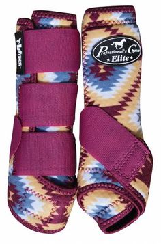 the boots are made out of fabric and have colorful patterns on them, including purple