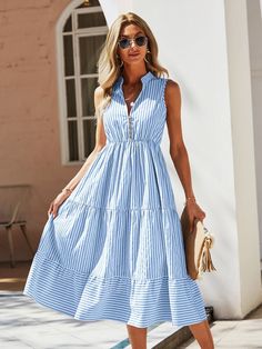 Striped Print Notched Neck A-line Dress | EMERY ROSE Sundress Outfit, Long Striped Dress, Beach Holiday Dresses, Spring Dresses Women, Marine Uniform, Dress Sleeve Length, Sleeveless Outfit, Boho Summer Dresses, Striped Shirt Dress