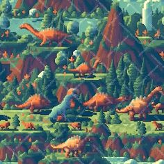 an image of a pixellated landscape with dinosaurs and mountains in the background, as well as trees