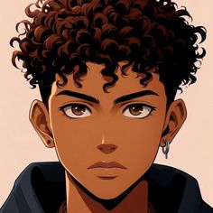 an animated image of a man with curly hair and piercings on his ears, staring at the camera