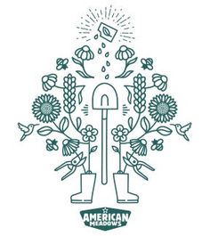 the american meadow logo is shown with flowers and birds around it, as well as an umbrella