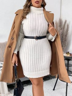 Plus Size Simple Solid Color Turtleneck Long Sleeve Knit Sweater Dress, Casual For Autumn/Winter White Casual  Long Sleeve Knitwear Plain  Medium Stretch  Women Plus Clothing, size features are:Bust: ,Length: ,Sleeve Length: Sweater Dress Casual, Long Knitted Dress, Long Sleeve Knitted Cardigan, Mesh T Shirt, Turtleneck Long Sleeve, Drop Shoulder Sweaters, Long Sleeve Knit Sweaters, Long Knit, Knit Sweater Dress