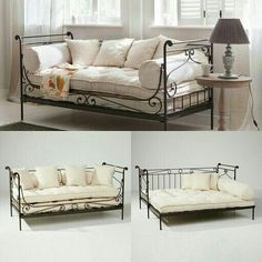 two photos of the same couch and futon in different stages of being used as a bed