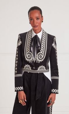 Thandi Jacket - Black | Coats & Jackets | Temperley London Elegant Tailored Embroidered Outerwear, Fitted Cropped Sets For Workwear, Tailored Embroidered Blazer For Workwear, Fitted Embroidered Blazer For Tailoring, Chic Embroidered Sets For Workwear, Formal Cropped Sets For Spring, Elegant Embroidered Spring Suits, Elegant Embroidered Blazer For Work, Tailored Embroidered Evening Blazer