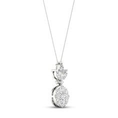 This enchanting necklace features a circular pendant that shimmers with radiant round and pear-shaped diamonds, which dangles below of a glamorous trio of marquise-cut diamonds. Fashioned in 14K white gold, the necklace has a total diamond weight of 2 carats. The pendant sways from an 18-inch cable chain that secures with a lobster clasp. Pear Diamond Pendant, Necklace Clasps, Kay Jewelers, Marquise Cut Diamond, Pear Diamond, Pear Shaped Diamond, Marquise Cut, Diamond Stone, Necklace Designs