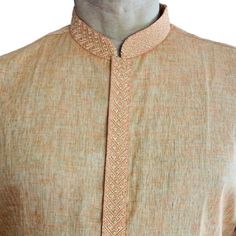 Men’s Indian Light Orange Embroidered Ethnic Wear Designed For Special Occasions Such As Weddings, Anniversaries, Festivals, Birthday Parties, Etc. You Will Look Your Best With Our Collection Of The Latest Indian Styles. The Embroidered Silk Kurta Set Has A Beautiful Embroidered Bordered Work Collar And Sleeves .The Kurta Has Beautiful Embroidered Design. Traditional Linen Kurta With Resham Embroidery, Traditional Embroidered Linen Wear, Embroidered Linen Traditional Wear, Traditional Linen Kurta For Eid, Traditional Linen Wear For Eid, Festive Traditional Linen Wear, Festive Linen Traditional Wear, Festive Linen Kurta With Embroidered Border, Traditional Summer Kurta With Woven Motifs