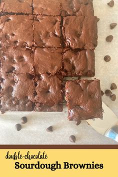 chocolate brownies cut into squares on top of a sheet of parchment paper with the words, double chocolate sourdough brownies