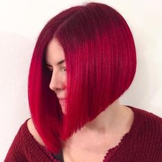 Sharp Angled Fuschia Bob Angled Haircut, Red Bob Hair, Asymmetrical Bob Haircuts, Bright Red Hair