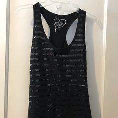 Nwt Sequined Black Tank From Rue21 Black Sequined Tank Top For Night Out, Black Sequined Tank Top For Summer, Black Fitted Sequin Tank Top, Fitted Black Sequin Tank Top, Black Racerback Top For Night Out, Black Stretch Sequin Top, Stretch Black Sequin Top, Rue21, Black Tank