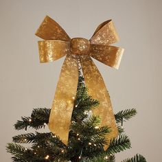 a gold bow on top of a christmas tree