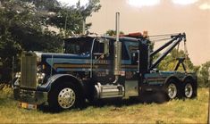 a big rig truck parked in the grass