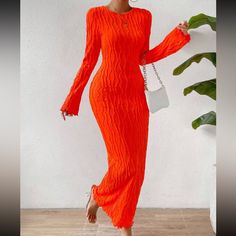 Bright Orange Long Sleeved Long Cotton Dress. Size Xl (12), Bodycon Shape Style, Round Neck, Flare Sleeve, Open Back, Knitted Fabric. Never Worn, In Perfect Condition, Perfect For The Fall Season! Orange Bodycon Dress Long Sleeve, Long Cotton Dress, Bright Orange Dress, Cotton Long Dress, Orange Dress, Bright Orange, Flared Sleeves, Cotton Dress, Fall Season