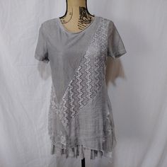 Simply Couture Nwt / Never Worn Gray Sheer Short Sleeve Lace And Ruffle With Overlay Boho Tunic Blouse Medium See Pictures For Measurements Spring Fitted Lagenlook Blouse, Spring Lagenlook Fitted Blouse, Summer Blouse With Ruffle Hem For Layering, Bohemian Short Sleeve Blouse For Layering, Sheer Overlay Top, Cream Lace Top, Overlay Top, Short Sleeve Tunic Tops, Lace Blouse Long Sleeve