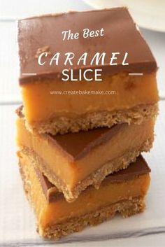 three pieces of caramel slice stacked on top of each other with text overlay