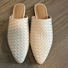 Brand New Via Trunk Club And Never Worn. Casual White Pointed Toe Sandals, White Flats With Woven Sole, White Closed Toe Flats With Woven Sole, White Round Toe Mules For Spring, White Pointed Toe Synthetic Flats, White Flat Synthetic Mules, White Synthetic Pointed Toe Flats, White Closed Toe Synthetic Mules, White Flat Heel Mules For Spring