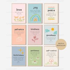 six greeting cards with the words, love, peace, joy and happiness in different colors