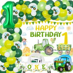 a tractor themed 1st birthday party with balloons