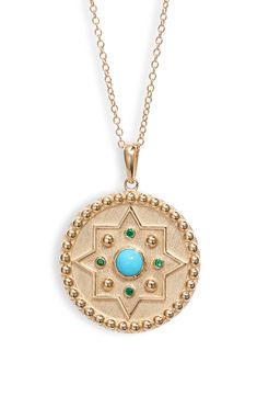 Signature dew drops join a turquoise cabochon and dainty emeralds on this handcrafted 14-karat-gold disc-pendant necklace that looks like an elegant artifact. Style Name:Anzie Dew Drop Mayan Turquoise & Emerald Disc Pendant Necklace. Style Number: 6053511. Available in stores. Green Necklace With Coin Pendant, Yellow Gold Medallion Necklace With Cabochon, 14k Gold Medallion Jewelry With Birthstone, 14k Gold Medallion With Birthstone Jewelry, 14k Gold Medallion With Birthstone, Yellow Gold Medallion Jewelry With Birthstone, Celestial Style Gemstone Jewelry For May Birthstone, Celestial Gemstone Jewelry For May Birthstone, Celestial Style Jewelry With May Birthstone