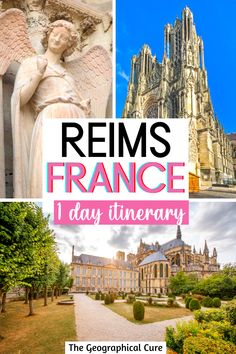 Pinterest pin for One Day In Reims France Itinerary, Day Trip From Paris Eurail Itinerary, Champagne Region France, Holland Travel, France Winter, Paris Christmas, Paris Sightseeing, French Things, Champagne France, Reims France