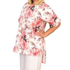 Lovely Linen/Cotton womens tunic in pink and white floral.  Features crew neck, short sleeves, and side splits. This elegant design is spacious and the linen/cotton fabric provide for a lightweight cool wearing experience. Spring Floral Print Linen Tops, Spring Linen Floral Print Tops, Spring Linen Blouse With Floral Print, Vacation Linen Blouse With Floral Print, Short Sleeve Linen Blouse With Floral Print, Linen Floral Print Blouse For Daywear, Daywear Linen Blouse With Floral Print, Linen Blouse With Floral Print For Daywear, Vacation Linen Floral Print Tops