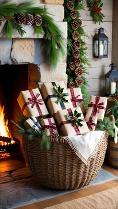 a basket filled with wrapped presents sitting in front of a fire place covered in pine cones